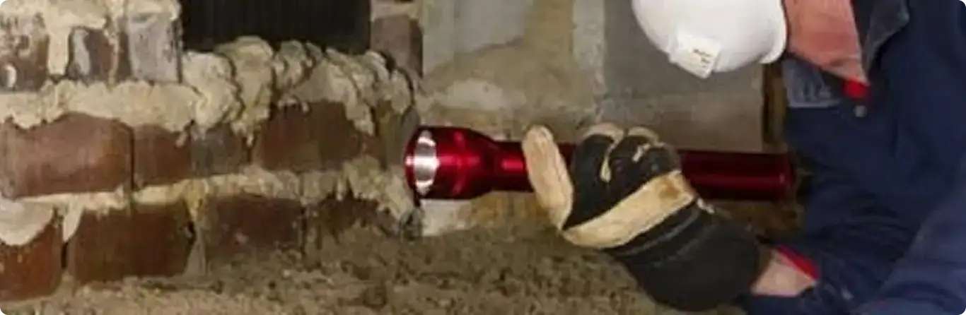 Pest control technician inspecting a crawl space for ant activity in Machesney Park, IL