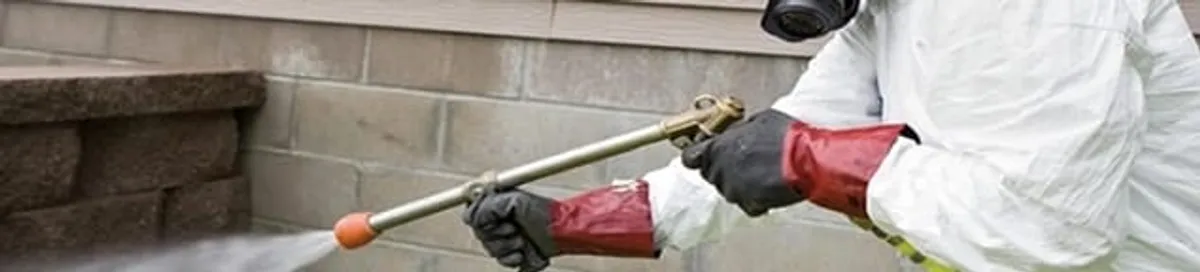 Pest control technician applying exterior insect treatment along a home foundation in Rockford, IL