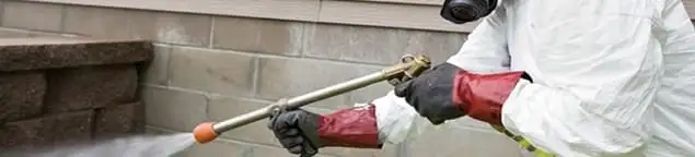Pest control technician applying exterior insect treatment along a home foundation in Rockford, IL