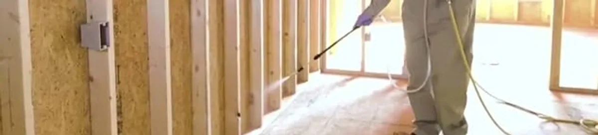 Termite treatment technician applying spray along framing and unfinished walls in Rockford, IL